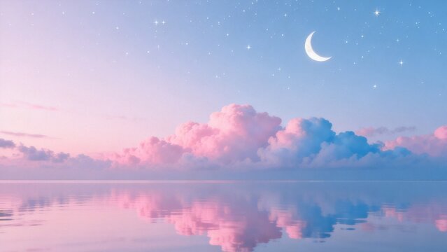 Moonlit sky with pastel clouds and water reflection