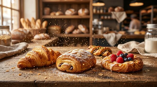 Artisan French pastries on rustic wooden counter, golden croissant and pain au chocolat in bakery, fresh berry danish in warm bakeshop interior