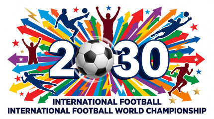 Fototapeta premium 2030 international football world championship logo with soccer ball, players, and colorful arrows isolated on white background