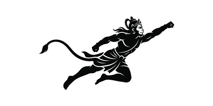 Black silhouette of lord hanuman flying in a dynamic pose on white background