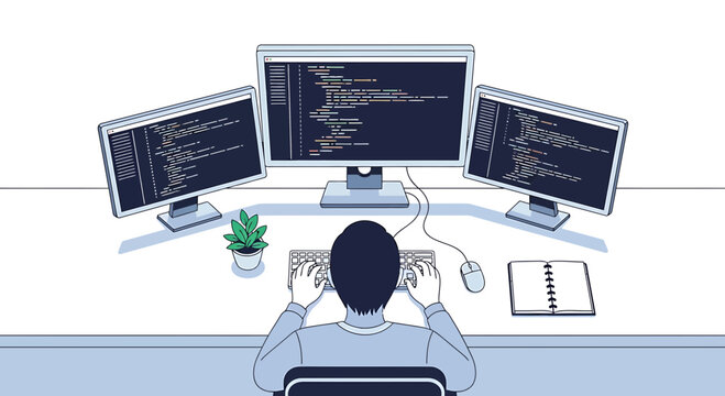 Programmer working on multiple computer screens with code, top view of desk setup