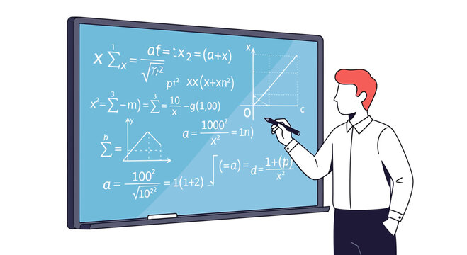 Teacher explaining complex math formulas on a blue chalkboard, education concept