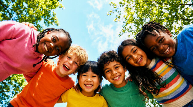 Diverse group of happy children standing together outdoors in a circle 4k