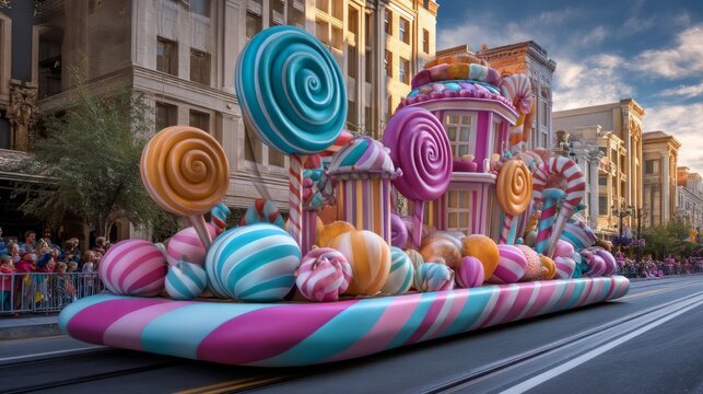 Colorful whimsical candy house float with oversized lollipops in parade