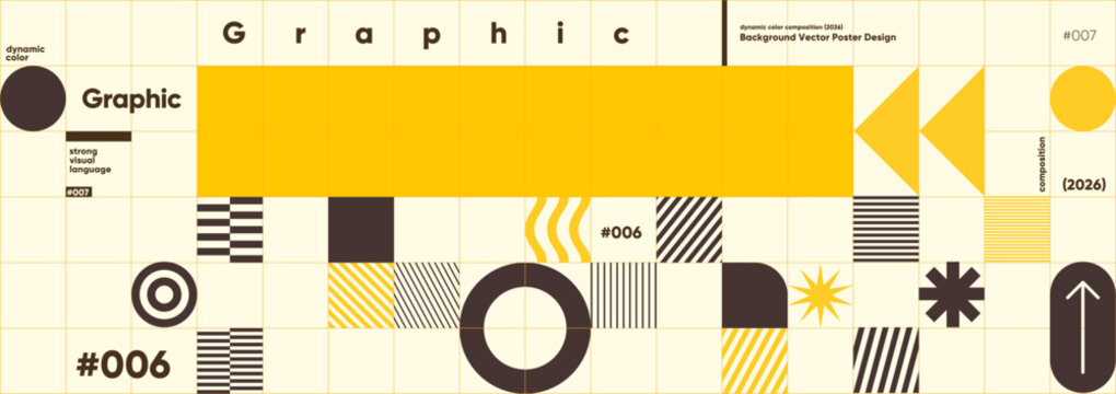 Abstract geometric design featuring bold yellow and brown shapes arranged in a grid pattern. The composition includes circles, triangles, and lines, creating a dynamic visual effect.