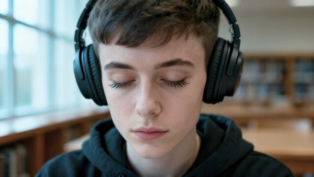 Neurodivergent micro environments and sensory grounding concept with peaceful non binary person in indoor portrait.  Eyes closed and listening to music with noise cancelling headphones.