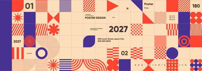 Fototapeta na wymiar Geometric abstract design featuring bold red and blue patterns on a beige background. The layout includes various shapes and text elements, creating a modern and dynamic visual appeal.