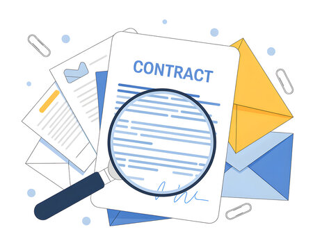 Flat design illustration featuring a contract document examined under a magnifying glass, surrounded by envelopes and paper clips. Concept of legal agreement and review.