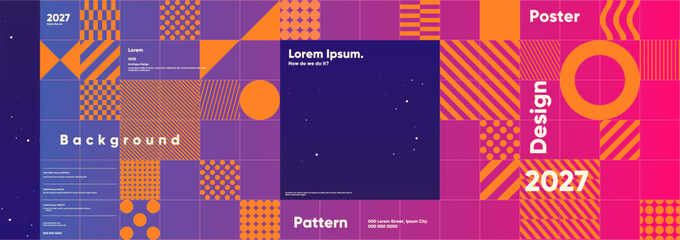 Obraz na płótnie Canvas Colorful geometric design featuring bold patterns and shapes in orange, purple, and pink hues. Perfect for modern backgrounds, posters, and digital art projects.
