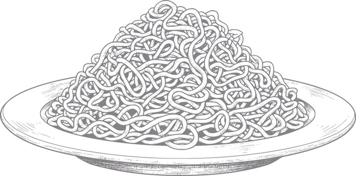 A generous portion of spaghetti on a plate, hand-drawn style