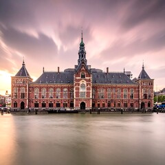 Obraz premium A large, red-brick building with a gray roof and spires stands on the edge of a body of water under a cloudy sky