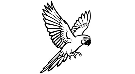 Fototapeta premium A black and white line of a flying parrot isolated on a transparent background
