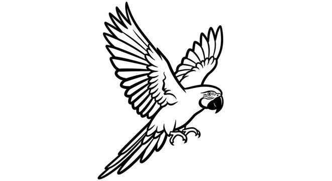 A black and white line of a flying parrot isolated on a transparent background