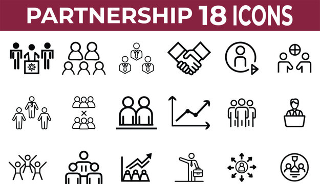 18 Partnership Web Icon Set with Collection of Collaboration line icons, including handshake, agreement, data, teamwork, and win-win, cooperative and more. 100% Editable file