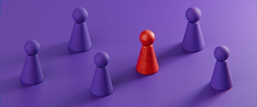 3d pawn figurines on a solid colour background with one highlighted in red, inclusion, individuality, business background