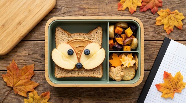 Cute fox shaped sandwich with apple slices in a divided lunch box on rustic wooden background.