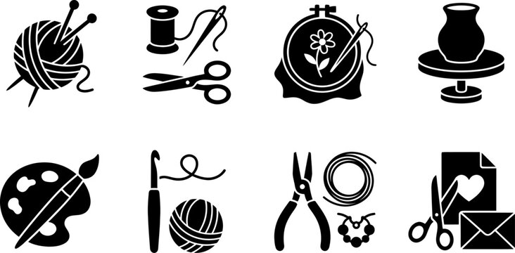 Handicraft and creative hobby icons in black silhouette on white background