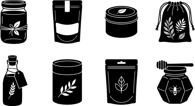 Natural product packaging icons including jar pouch tin and drawstring bag with botanical motifs