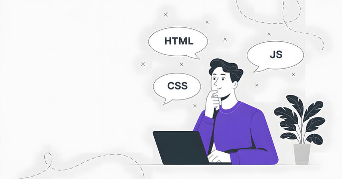 Minimalist flat illustration of a young man working at a laptop with HTML, CSS, and JS speech bubbles. Web development and frontend programming concept.
