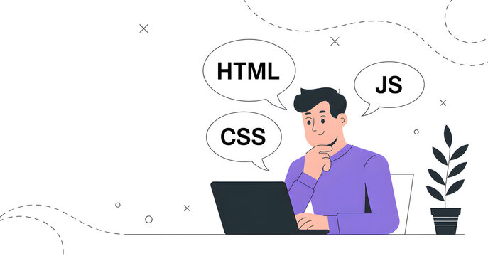 Minimalist flat illustration of a young man working at a laptop with HTML, CSS, and JS speech bubbles. Web development and frontend programming concept.