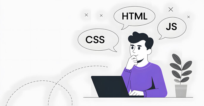 Minimalist flat illustration of a young man working at a laptop with HTML, CSS, and JS speech bubbles. Web development and frontend programming concept.