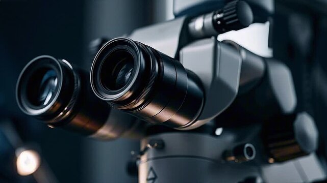 Neurosurgical operating microscope optical lens, 
slow focus pull, chrome surfaces and precision knobs. 
No logos, no people, neurosurgery concept, 4K.