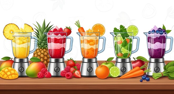 Colorful tropical cocktails with fresh fruits and flowers.