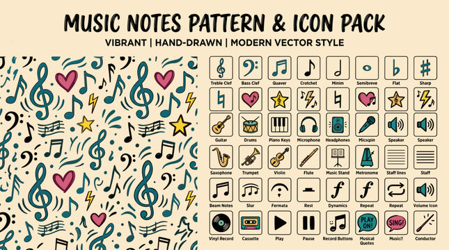 Vibrant music notes and icons pattern