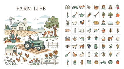 Naklejka premium Farm scene with tractor and various animals