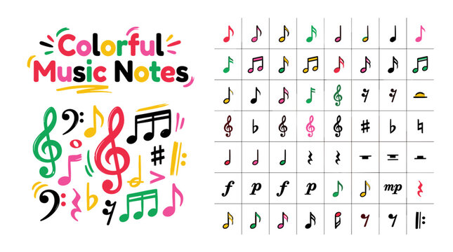 Colorful music notes are scattered everywhere
