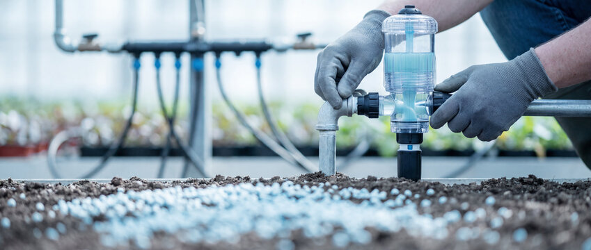 Workers manually adjust the automatic fertilizer feed valve above the soil in a commercial greenhouse, which is covered with blue fertilizer granules