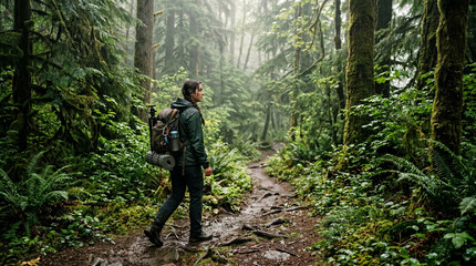 Obraz premium Adventure Traveler Hiking Through Dense Forest Trail in Natural Wilderness Environment