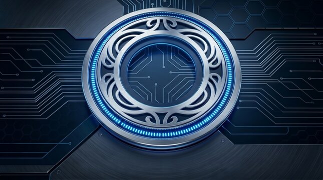 Futuristic Quantum Technology Emblem on Digital Circuit Background
