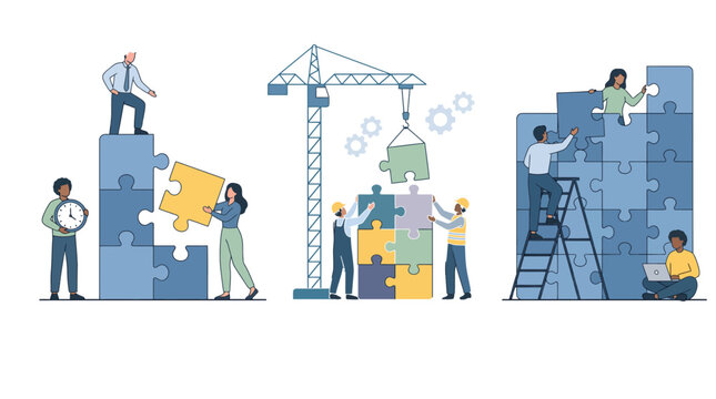 Professional team members collaborate on complex business project solutions using colorful puzzle pieces vector illustration design