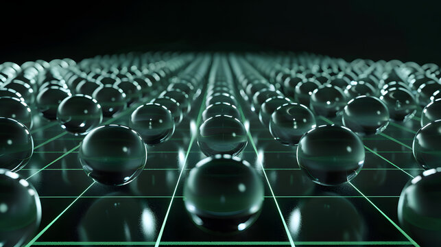 Spherical water droplets in a geometric grid scanned by a green laser