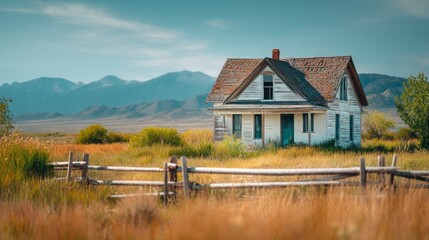 Obraz premium Wide Angle Shot of an Abandoned Farmhouse Near Mountains in Nature