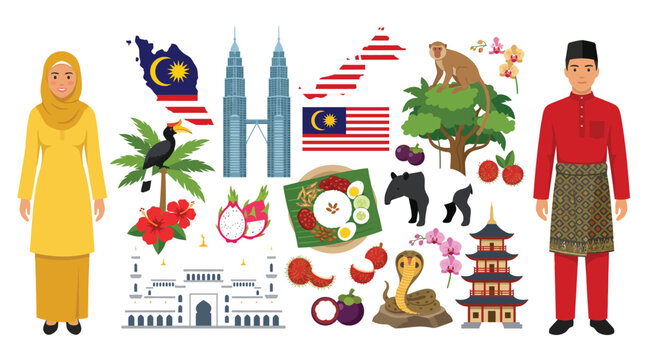 Flat vector illustration showing traditional malaysian symbols including national landmarks food animals and cultural clothing