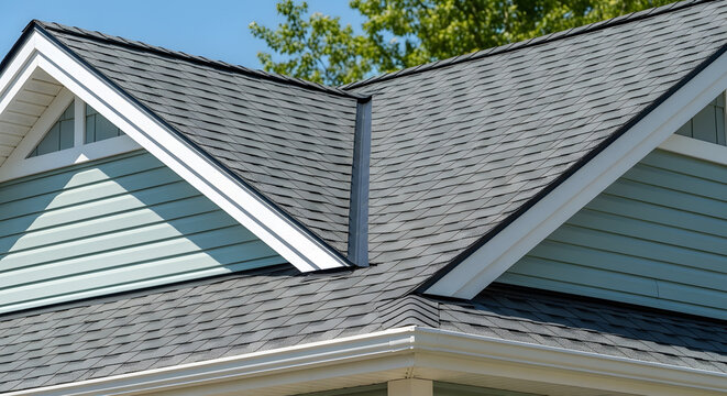 Close-up of modern residential roof with grey asphalt shingles | Architectural details with gables and white trim | Home maintenance and roofing industry concept | Real estate and construction