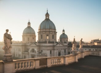 Fototapeta premium Historic cathedral with stone domes and statues viewed from a terrace at sunset