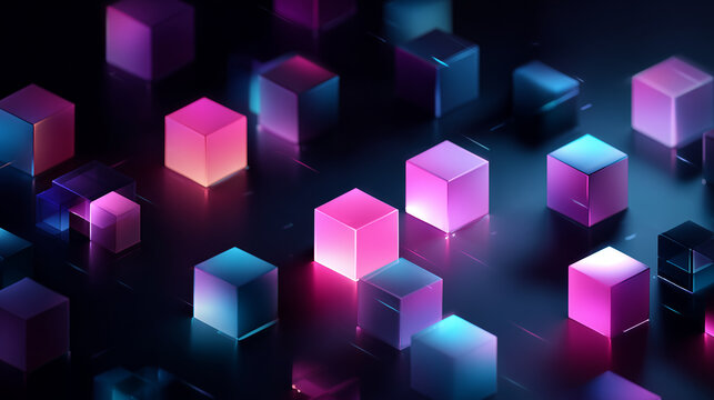 An abstract colorful and purple background featuring a 3D geometric cube pattern with blue digital light shapes for a modern business wallpaper illustration