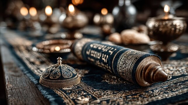 Judaism holiday theme with closed Torah scroll and kippah on a table, religious tradition symbols