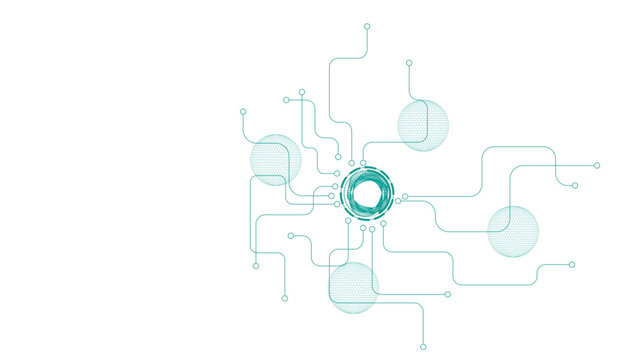 Teal digital circuit board pattern with multiple circular nodes and interconnected paths on a transparent background, for tech