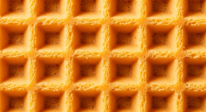 Close up macro texture of freshly baked golden brown Belgian waffle grid pattern
