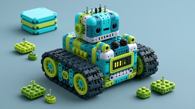 Educational robot kit with modular blocks and sensors on blue background