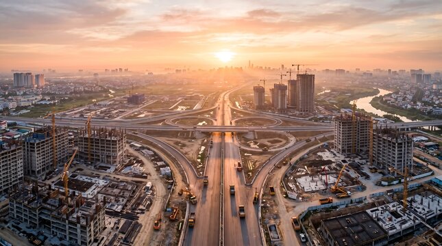 Aerial view of a sprawling cityscape with busy highway interchange during a beautiful sunset, showcasing ongoing urban development and infrastructure projects