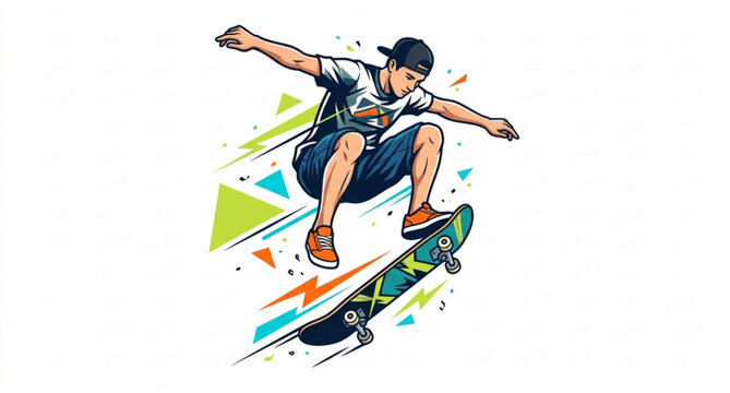 Skateboarder performing trick vector sports illustration isolated on white