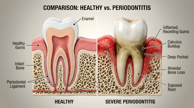 Comparison of healthy tooth and severe periodontitis cross section