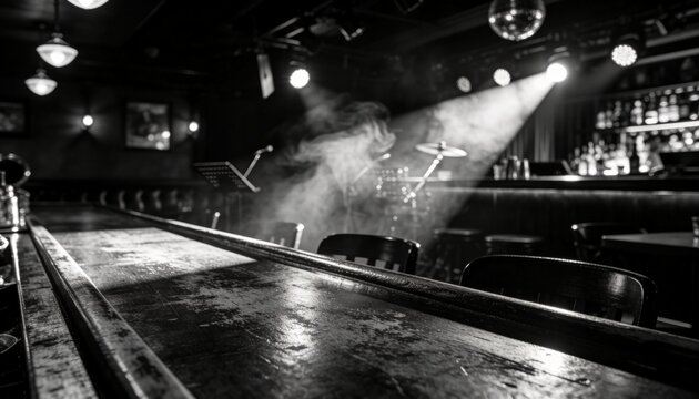 Black and white empty wooden table with dramatic shadows and blurred jazz bar background