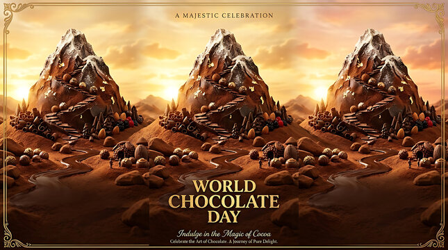 World chocolate day surreal concept featuring mountains made of chocolate under golden sunset sky chocolate mountain landscape indulgence delicious artistic celebration creative
