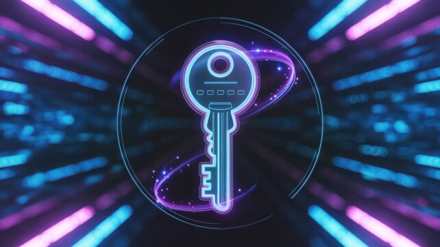 Digital security key icon glowing with neon lights in futuristic cyber environment